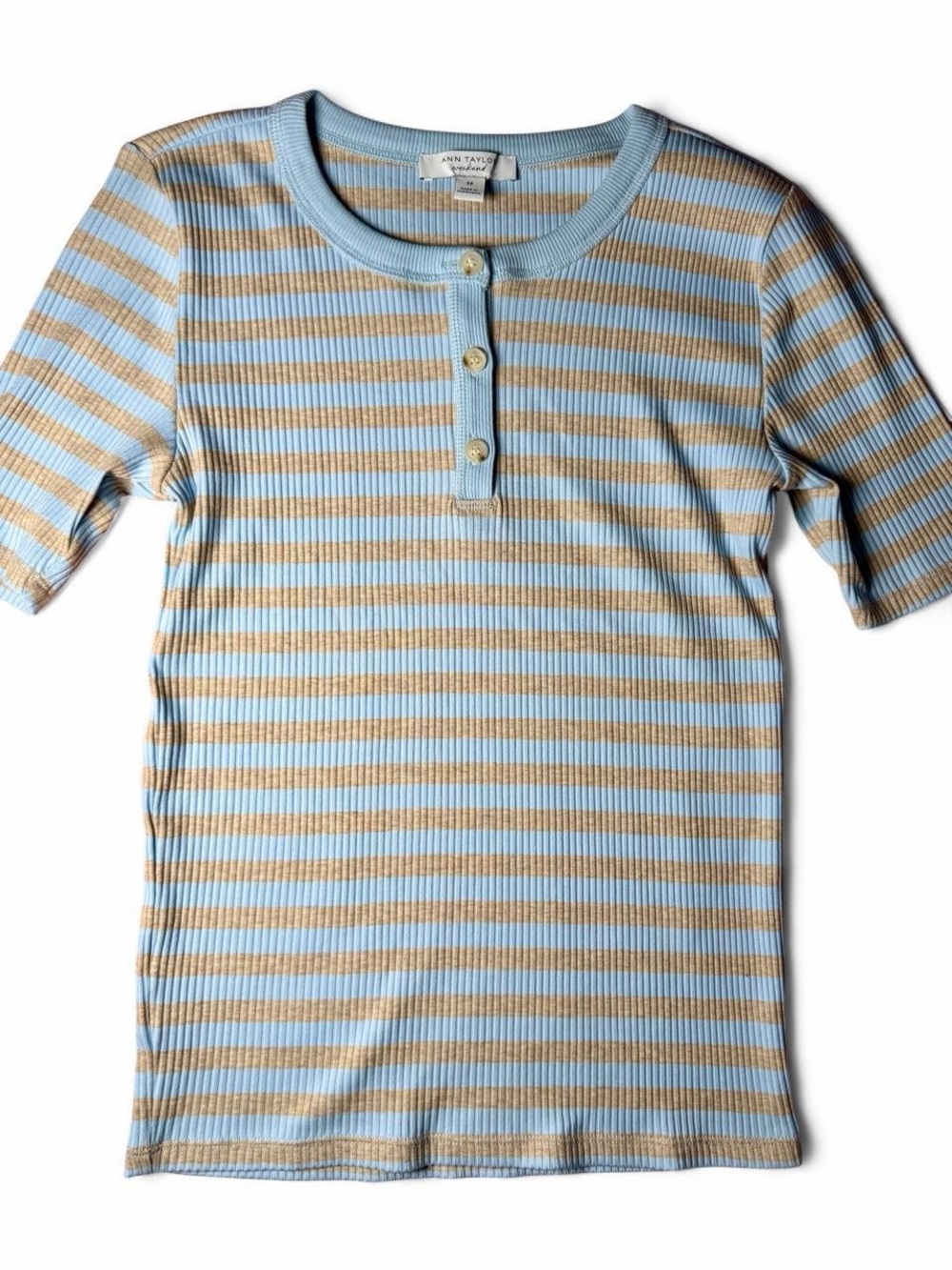 Ann Taylor Light Blue & Tan Striped Ribbed Henley Tee